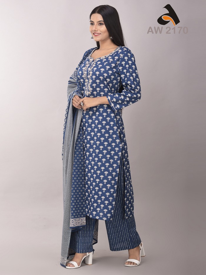 Indigo Blue Cotton Pittan Work Full Suit Set