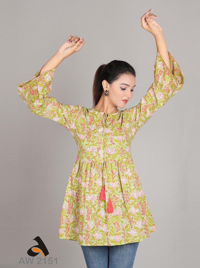 Peppy Parrot Green Floral Jaal Print Short Top