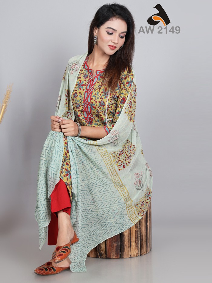 Olive Green Floral Jaal Print Handblock Full Suit Set