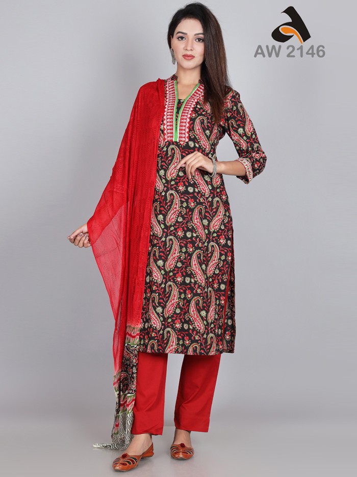 Crimson Red Paisley Handblock Cotton Full Suit Set