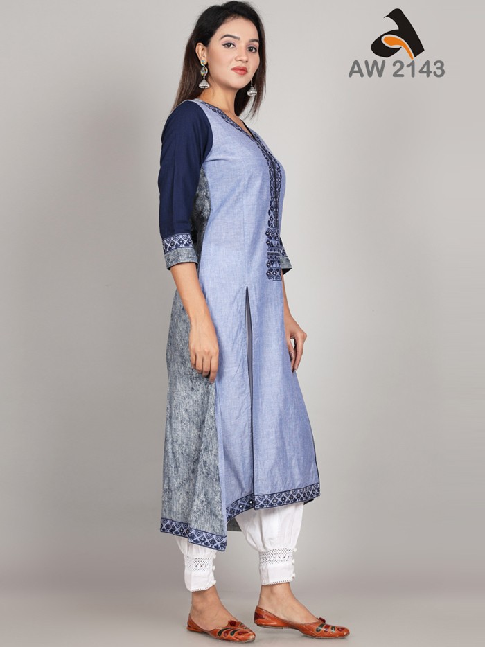 Elegant Embroidery Denim Blue Cotton Slub Kurta