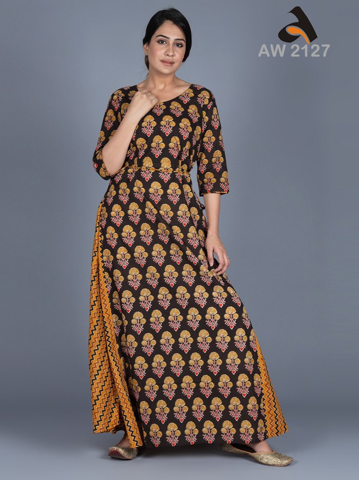 Golden Mustard Ajrakh Flair Dress