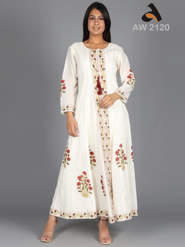 Ivory Handblock Mughal Boota Printed Anarkali Dress