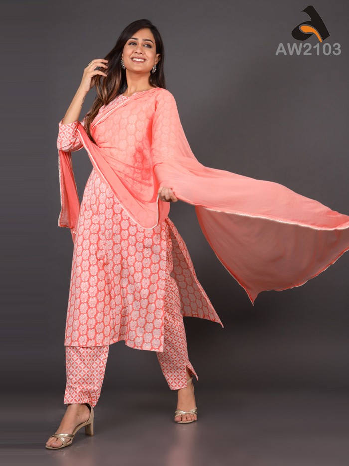 Coral Pink Ethnic Booti Print Suit Set with Chiffon Dupatta