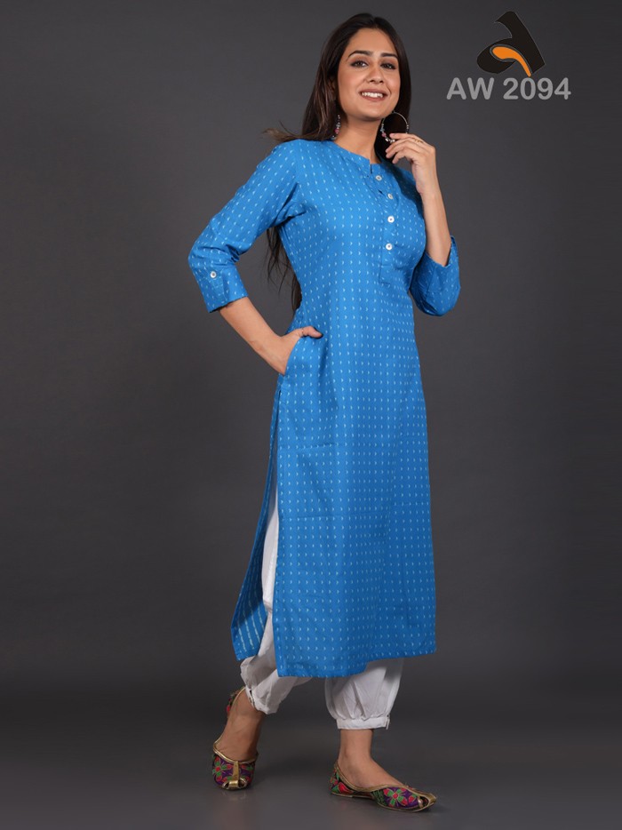 Ocean Blue South Cotton Dobby Flat Collar Kurta