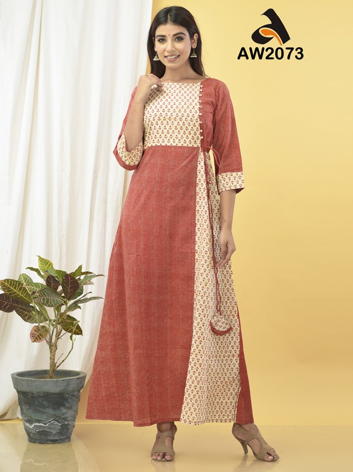 Tomato Red Hand Block Bagru Print Long Dress