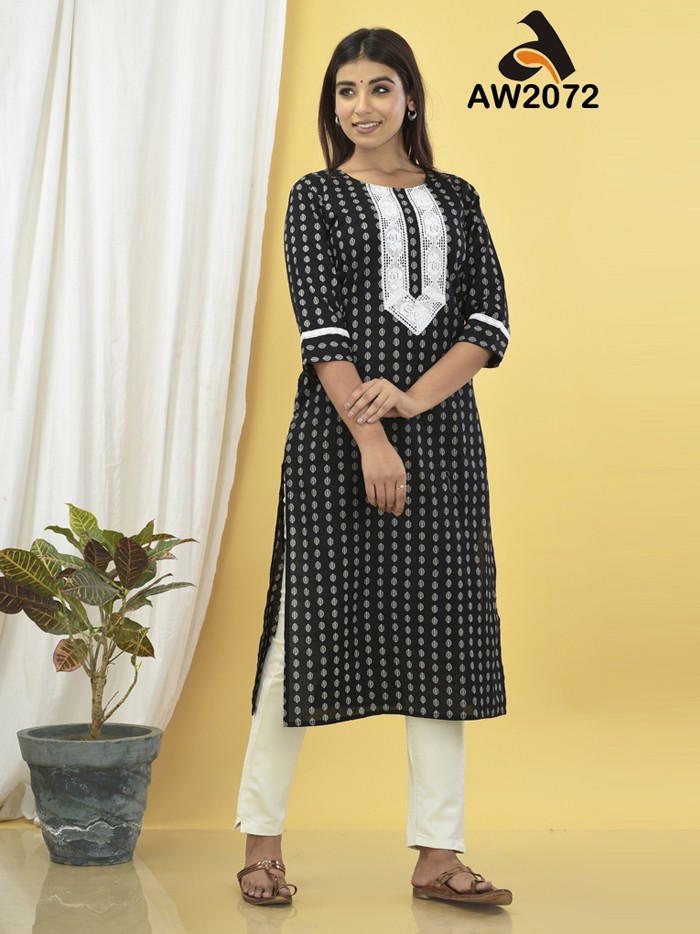 Midnight Elegance Black Leaf Print Cotton Kurta