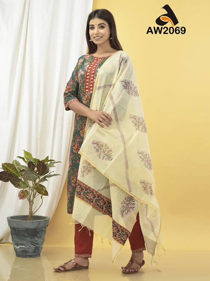 Floral Print Jungle Green Suit Set With Chanderi Dupatta