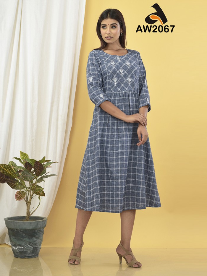 Woven Checks Dress with Embroidered Yoke