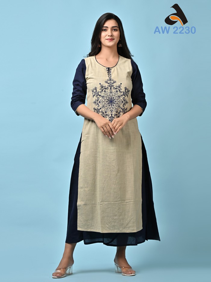 Cotton Slub 2 Piece Attached Mandala Embroidery Dress