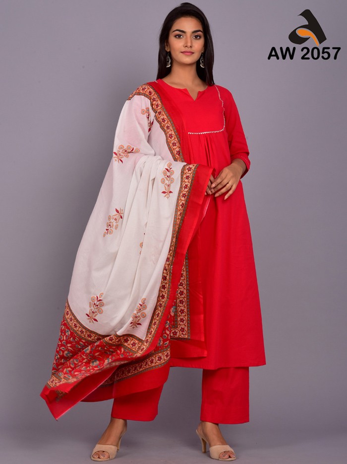 Solid Color A-Line Suit Set with Matching Printed Dupatta