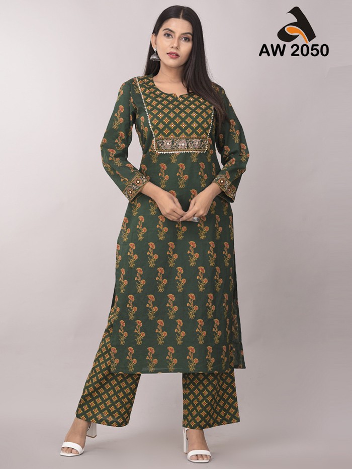 Sacramento Green Ajrakh Booti Print Kurta and Palazzo Set