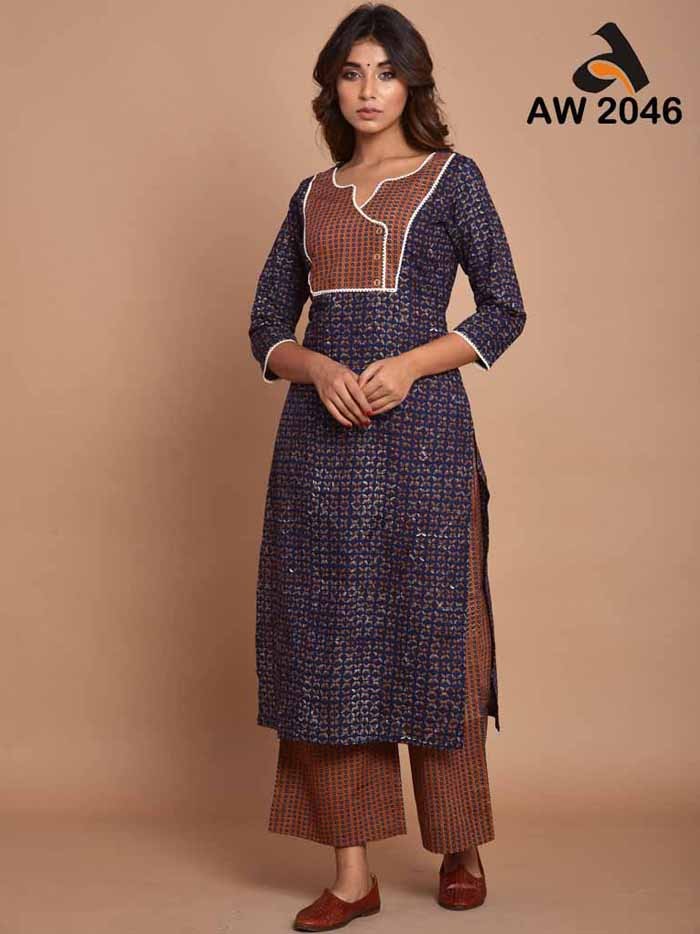 Oxford Blue Ajrakh Print Kurta and Palazzo Set