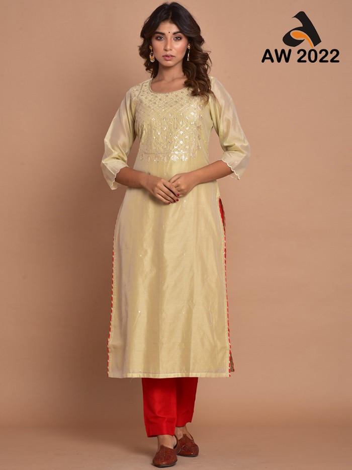 Golden Chanderi Kurta with Aari Tari Embroidery