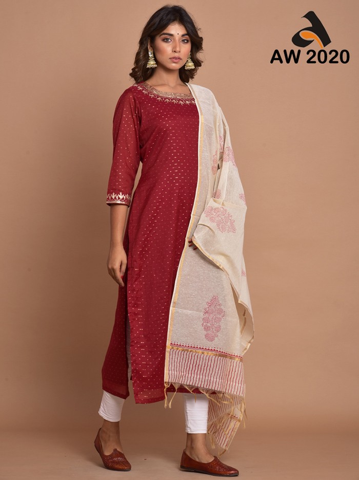 Mahogany Red Zari Weave Chanderi Kurta