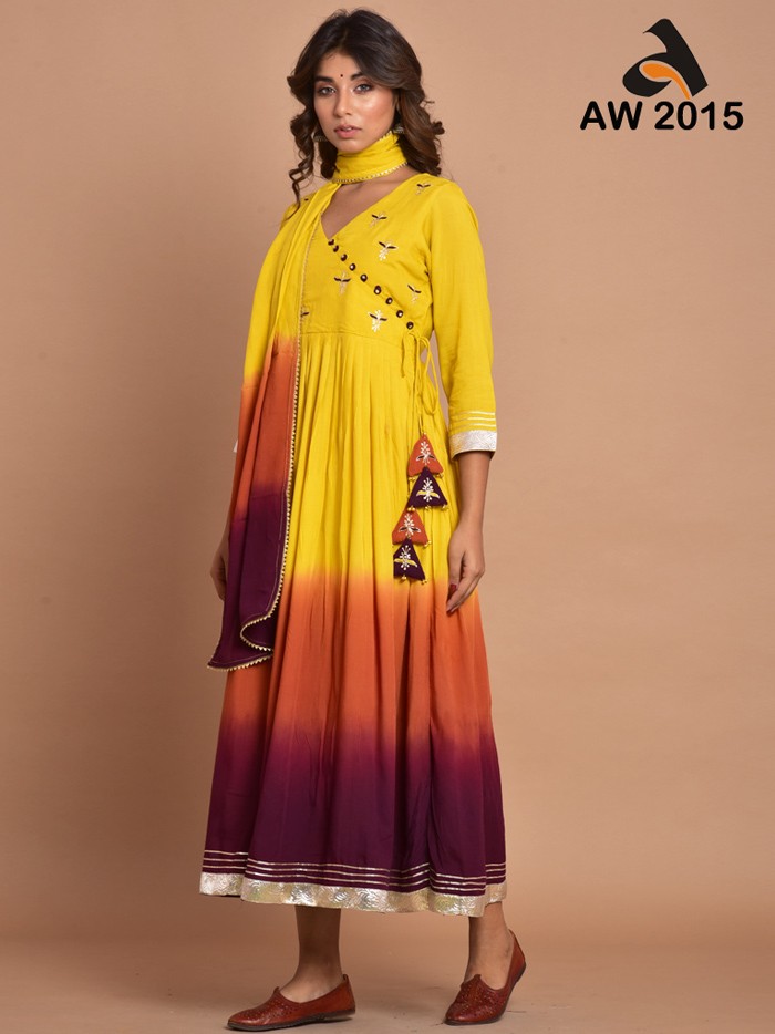 Mustard Yellow Fire Flames Angarkha Style Dress