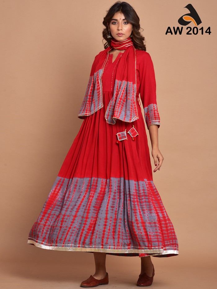 Cherry Red Cotton Silk Flaired Dress with Embossed Gota