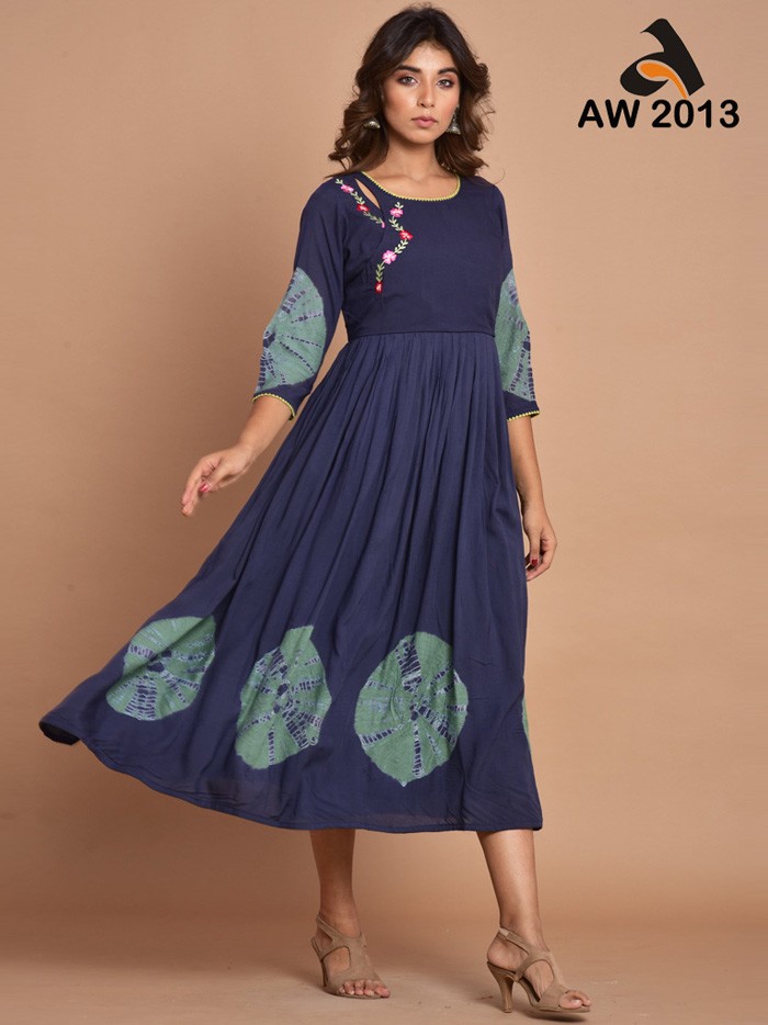 Colorful Flower Embroidered Flaired  Hand Bandhej  Dress