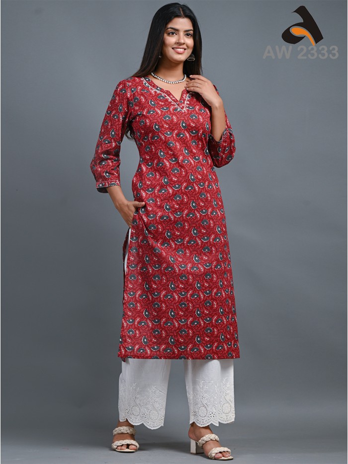 Burgundy Red Cotton floral kurta