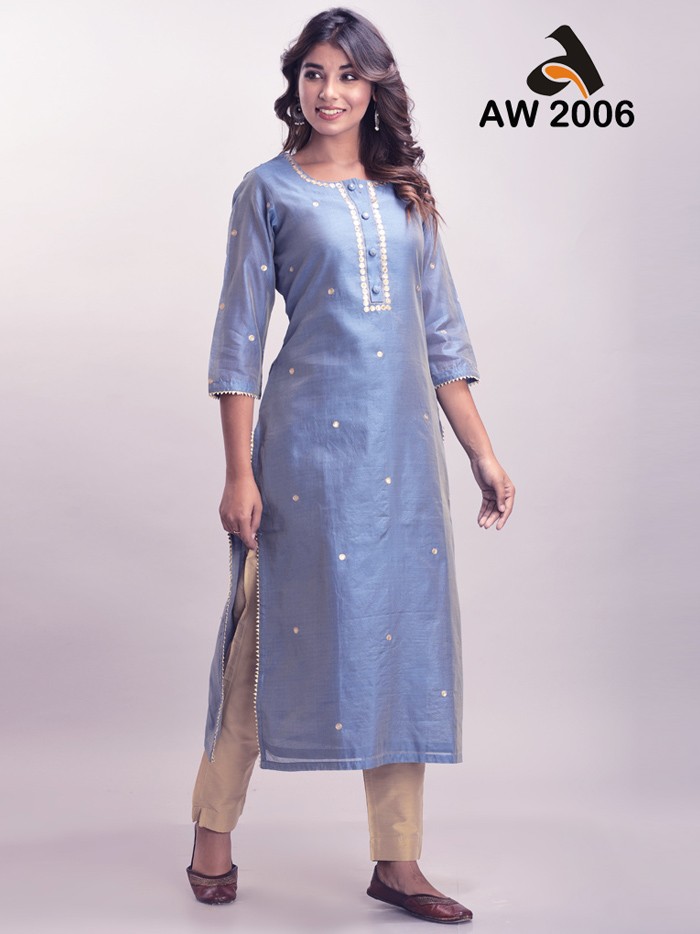 Yale Blue Aari Work Chanderi Kurta