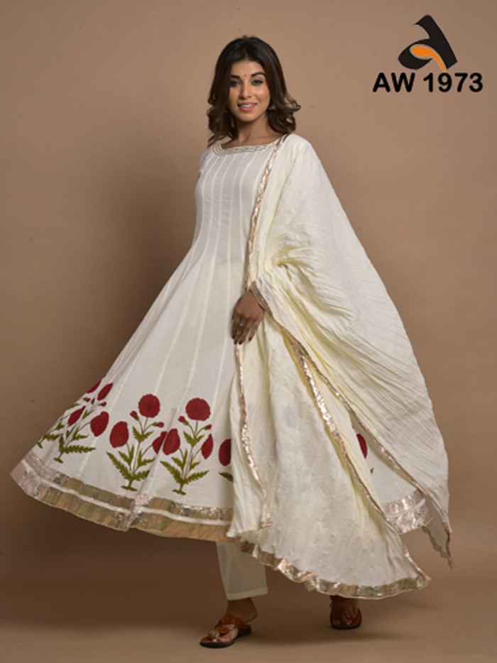 Ivory Off White Anarkali Kurta with Palazzo & Dupatta Set