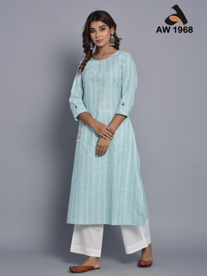 Mint Green Woven Designer Kurta with Hand Katha Embellishments