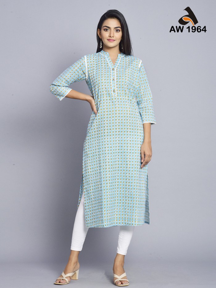 Olympic Blue Ethnic Booti Print Cotton Kurta