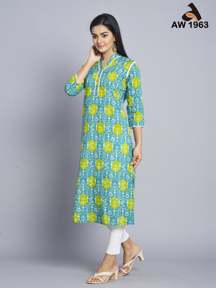 Caribbean Green Mughal Jaal Print Cotton Kurta