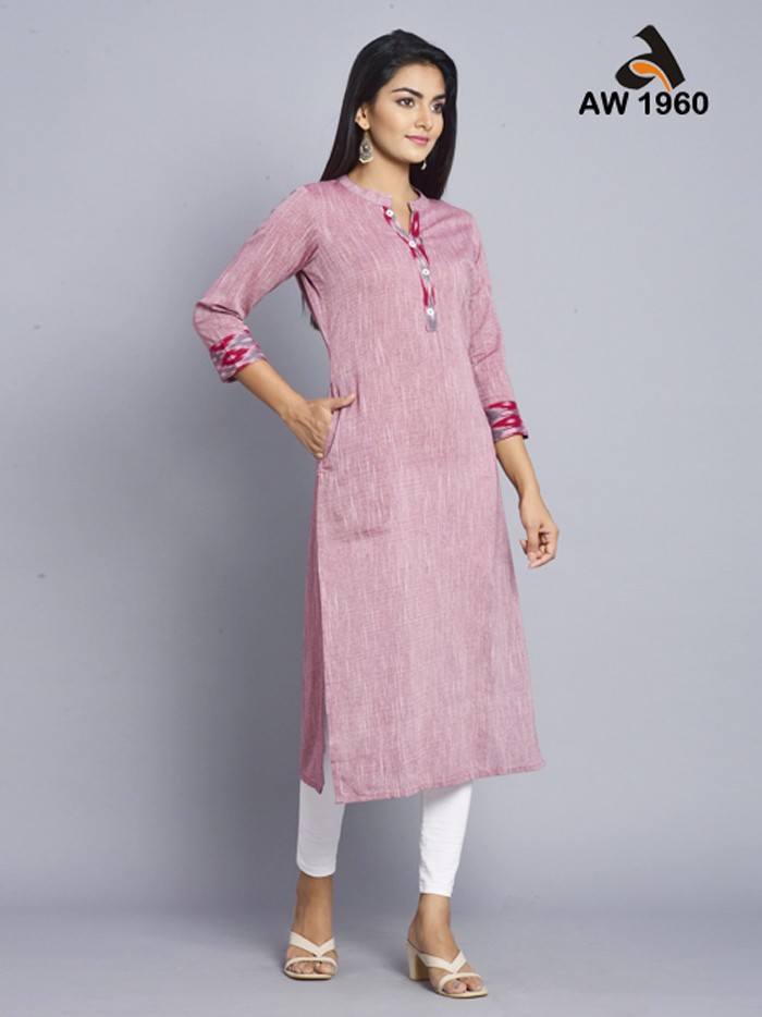 Wine Cotton Slub Kurta with Ikkat Trims