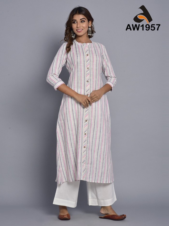 Striped White A-Line South Cotton Kurta