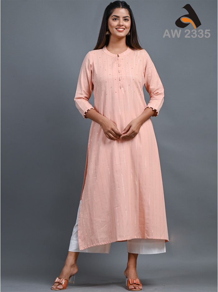 Salmon Peach Cotton Lurex Checks Kurta