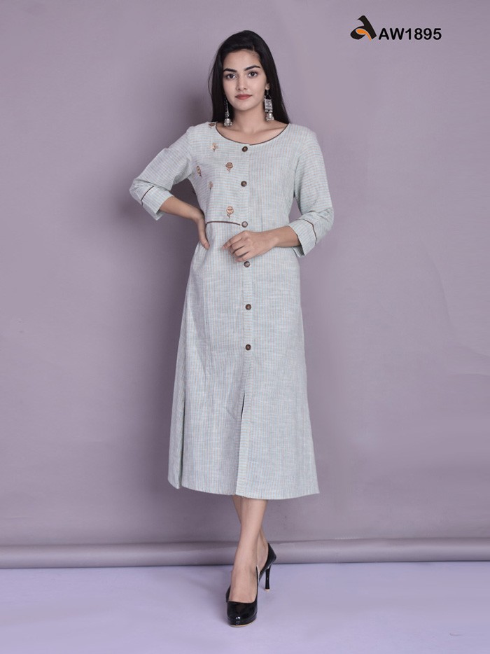 Mint Green Striped A-Line Kurta with Stylish Embroidery