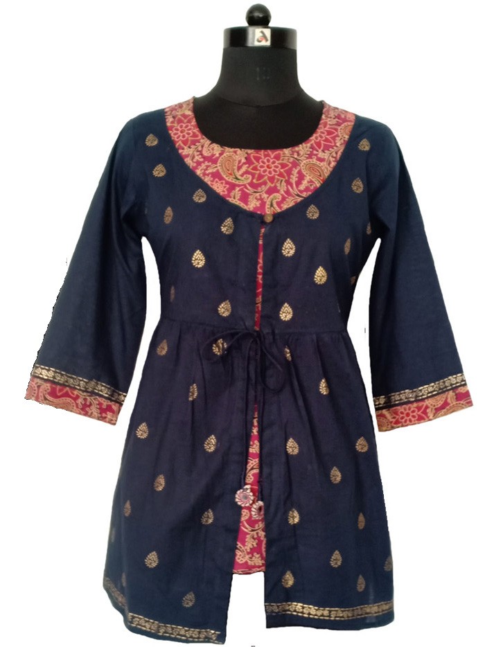 Double-Layered Top with Kalamkari Print in Oxford Blue