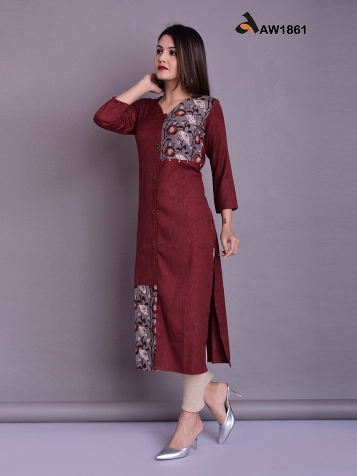 Jaipur Inspired Crepe Jacquard Kurta in Burgundy Red