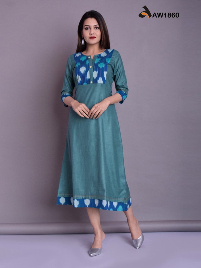 Pine Green Poly Cotton Ikkat Yoke Tunic Dress