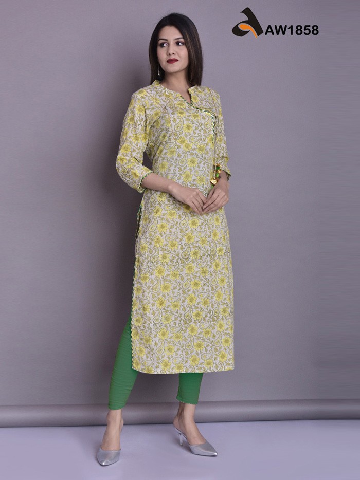 Lemon Yellow Handblocked Floral & Paisley Jaal Print Kurta