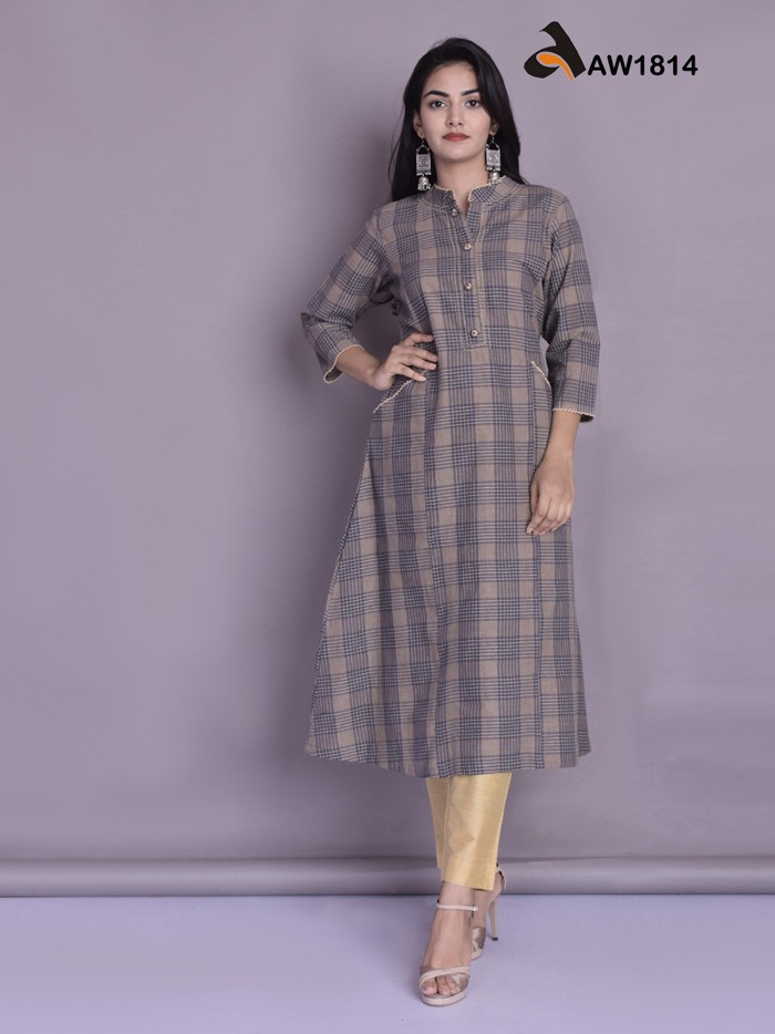 Embroidered Mink Grey Handloom Checks Kurta