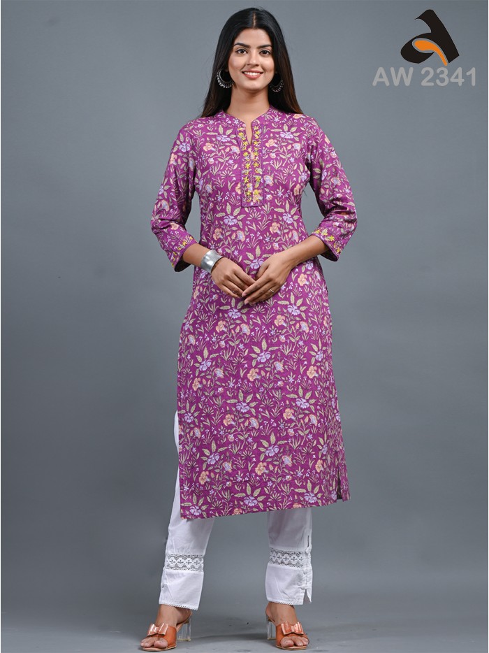 Grape Purple Floral Print Cotton Kurta