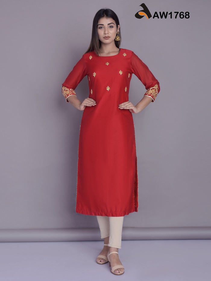 Crimson Red Banarsi Chanderi Gota Patti Kurta