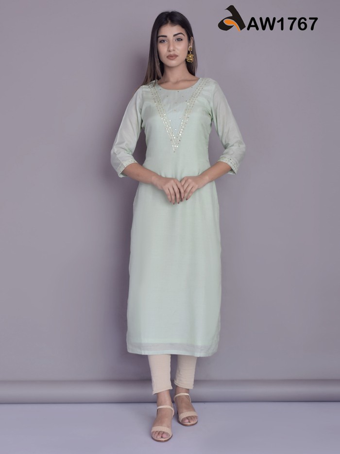 Tea Green Straight Kurta with Aari-Tari Work