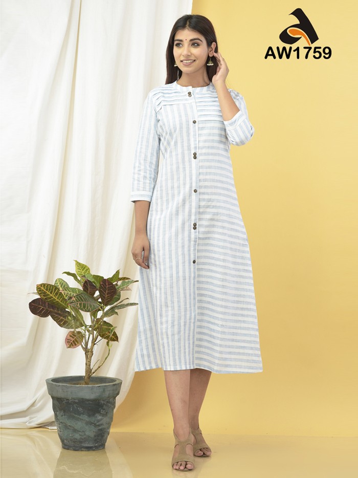 Striped A-Line Kurti with Chinese Collar