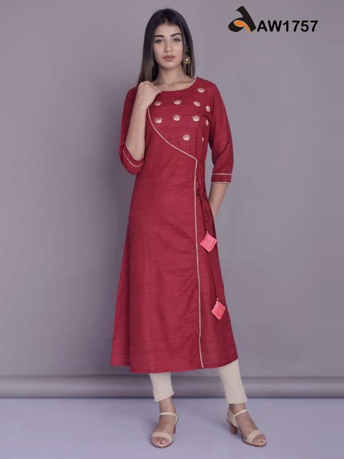 Angarkha Style Mahi Silk Kurta in Caramine Red