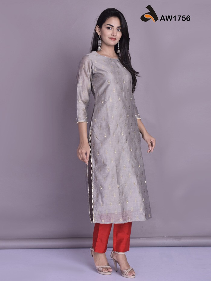 Ethnic Handwork Iron Grey Chanderi Kurta with Zari Boota