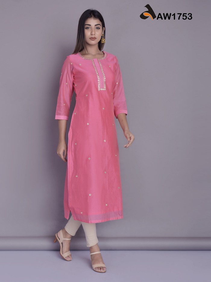 Watermelon Pink Chanderi Kurta with Aari Work