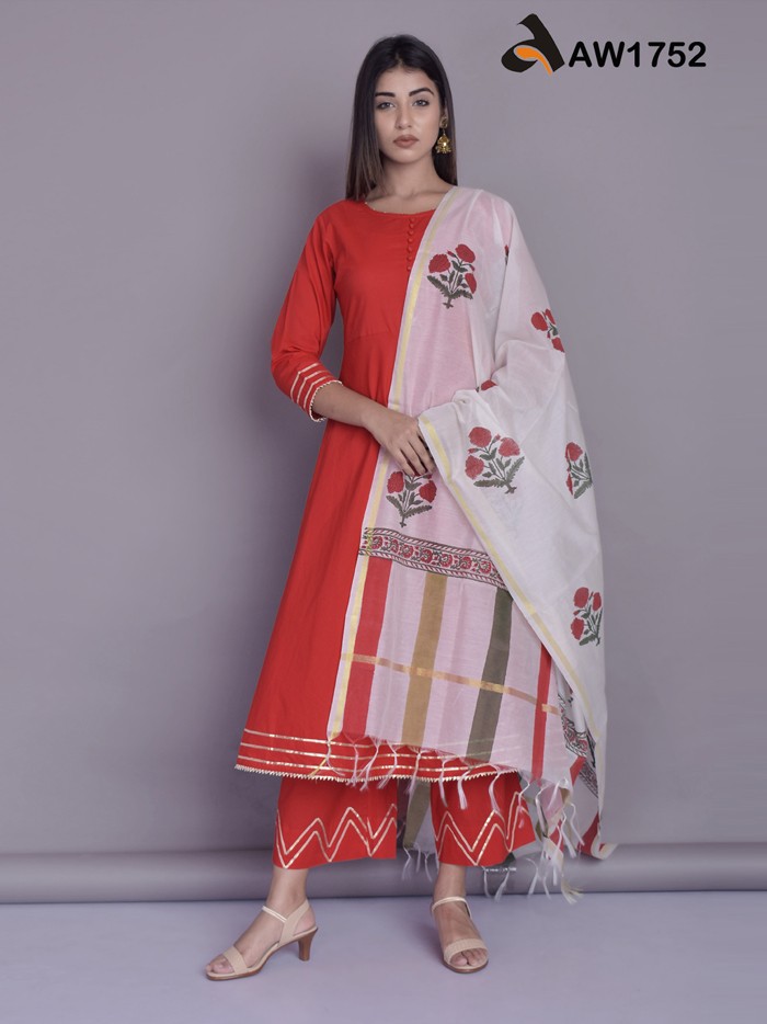 Red Anarkali Kurta and Culottes Set with Chanderi Dupatta