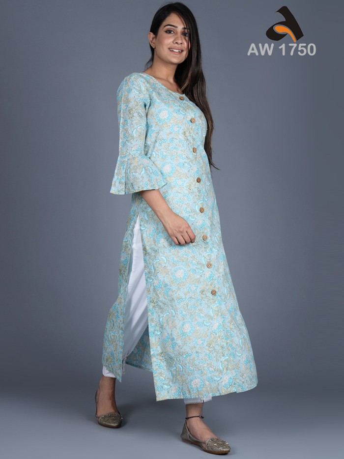 Baby Blue Handblock Floral Jaal Print Kurta