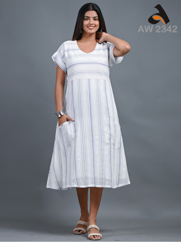 White Handloom Cotton Dress With Blue Stripes