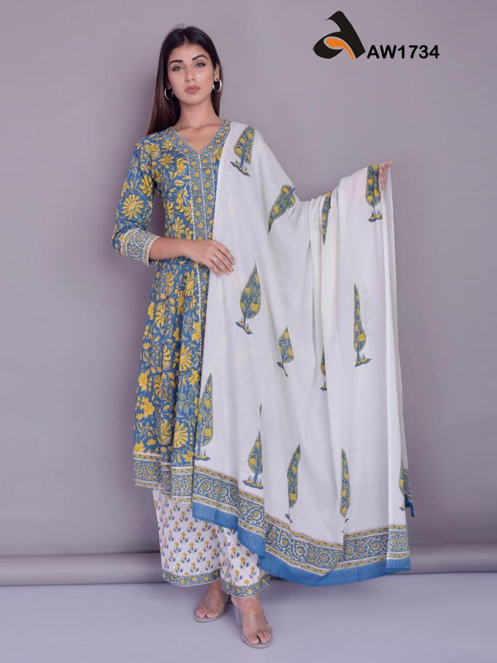 Teal Blue Mughal Jaal Handblock Full Suit Set