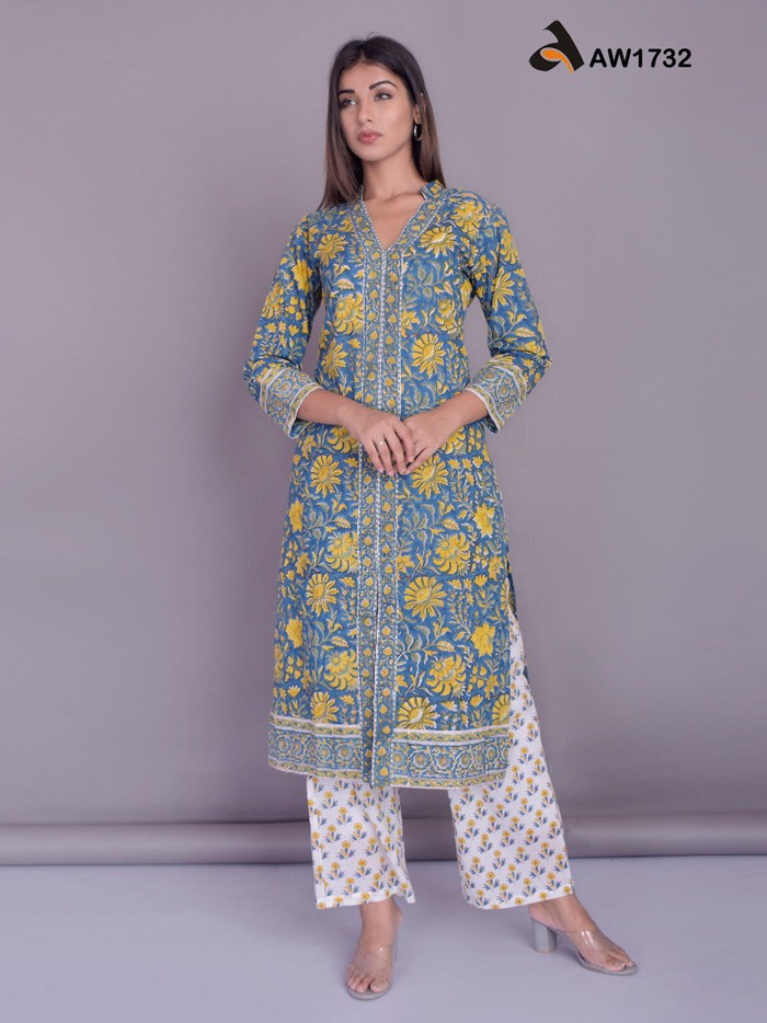 Teal Blue Handblock Print Straight Kurta