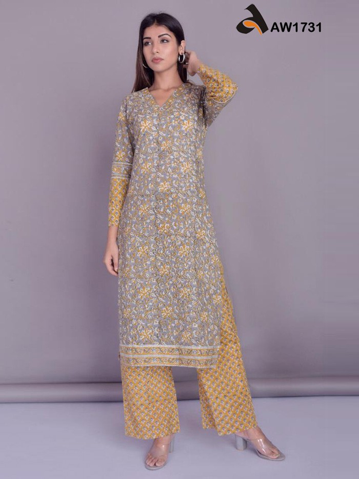 Wooden Brown and Mustard Handblock Print Straight Kurta